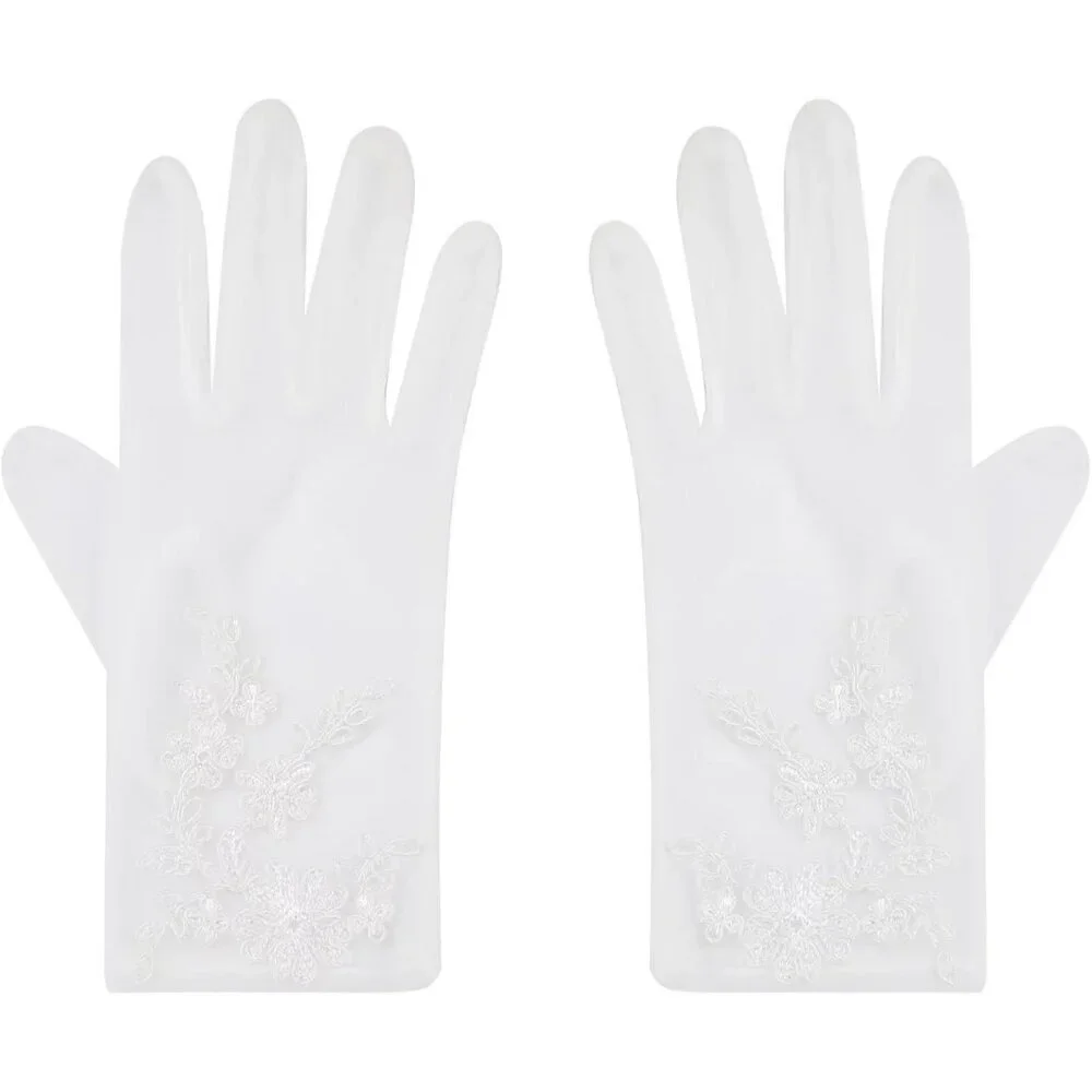 Women's Lvory 06 Floral Short Length Lace Tulle Mesh Wrist Wedding Party Gloves